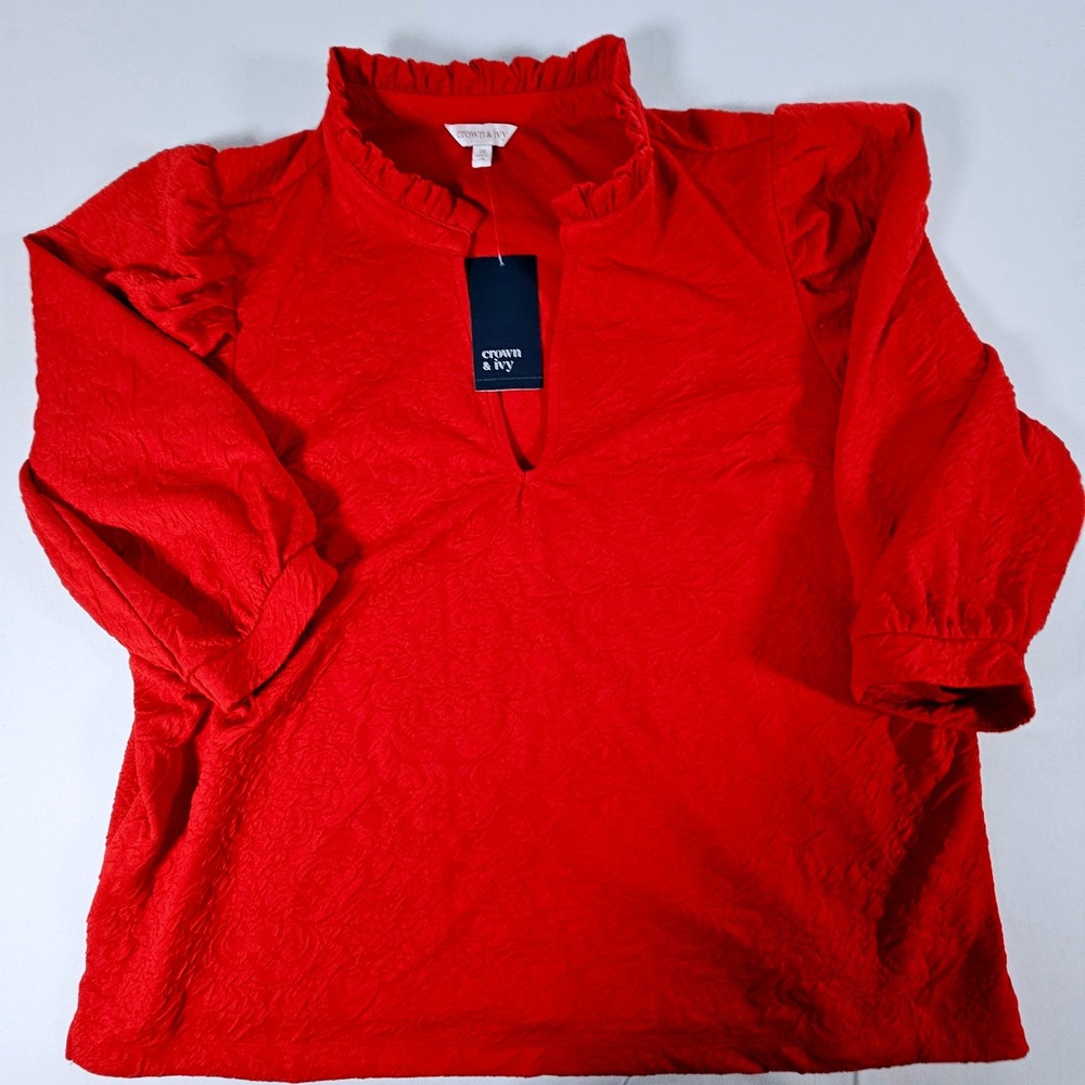 Crown & Ivy Red Jacquard Ruffle Neck Puff Sleeve Blouse Plus Size 3X NEW - Picture 1 of 11